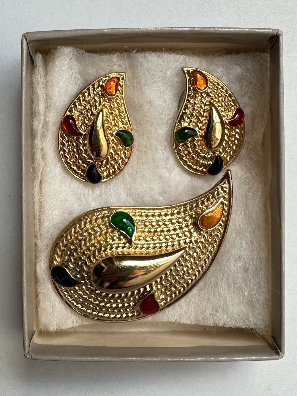 Gold-tone Paisley Brooch and Earring Set with Multicolor Accents